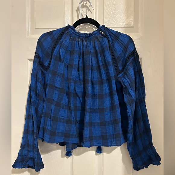 Free people Blue Plaid Peasant Blouse small - Picture 3 of 5